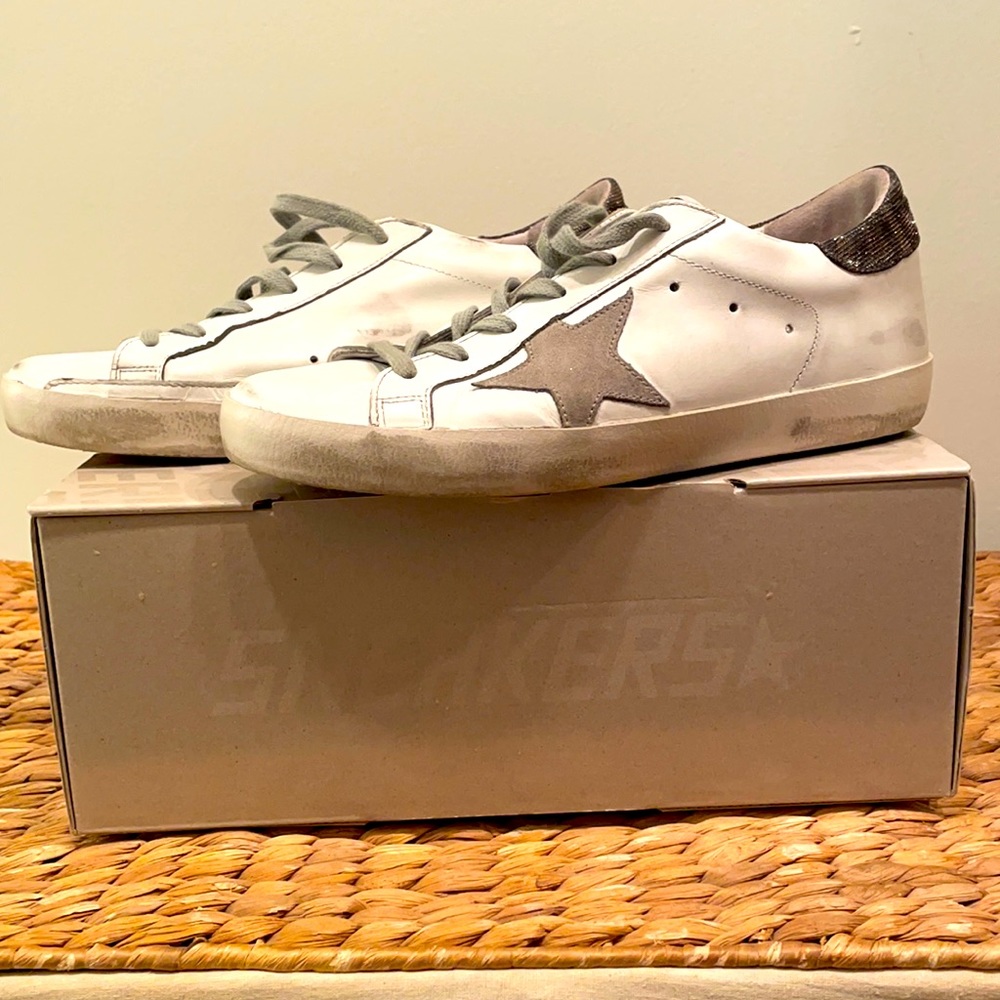Golden Goose Superstar Classic With List / White with Lurex Heel. Box & duster.